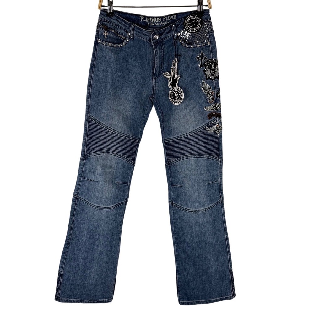 Y2K Platinum Plush Los Angeles Moto Jeans Embellished Cross Patch Blue Size 11